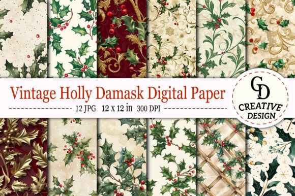 Vintage Holly Damask Digital Paper