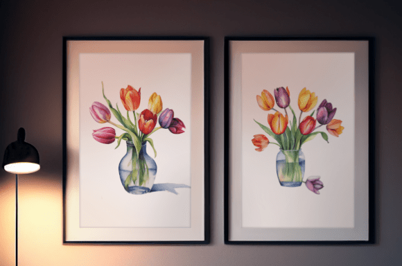Watercolor Tulip Flowers in Glass Vase